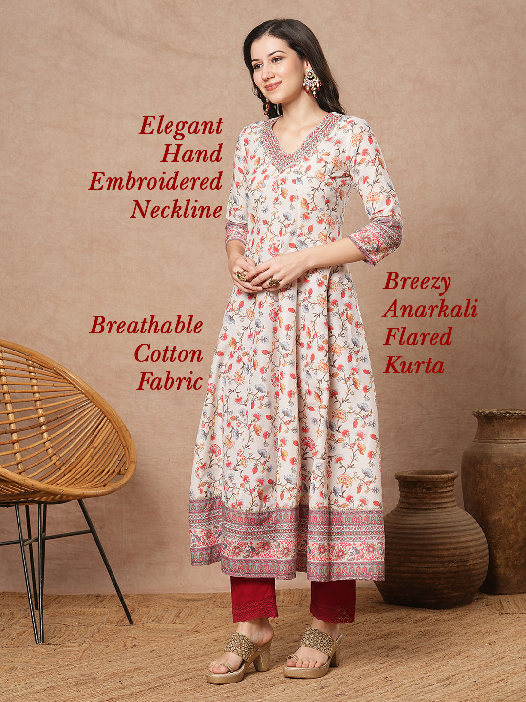 Ethnic Floral Printed & Embroidered Anarkali Flared Kurta - Off White