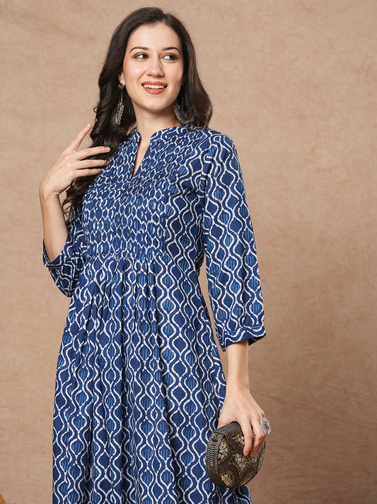Ethnic Floral Printed & Sequin Embroidered A-Line Pleated Kurta - Blue