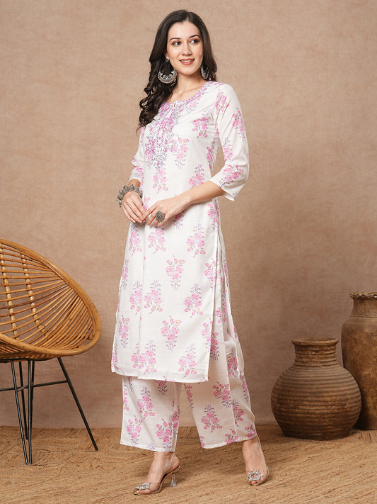 Floral Printed & Embroidered Straight Fit Kurta with Pant - White