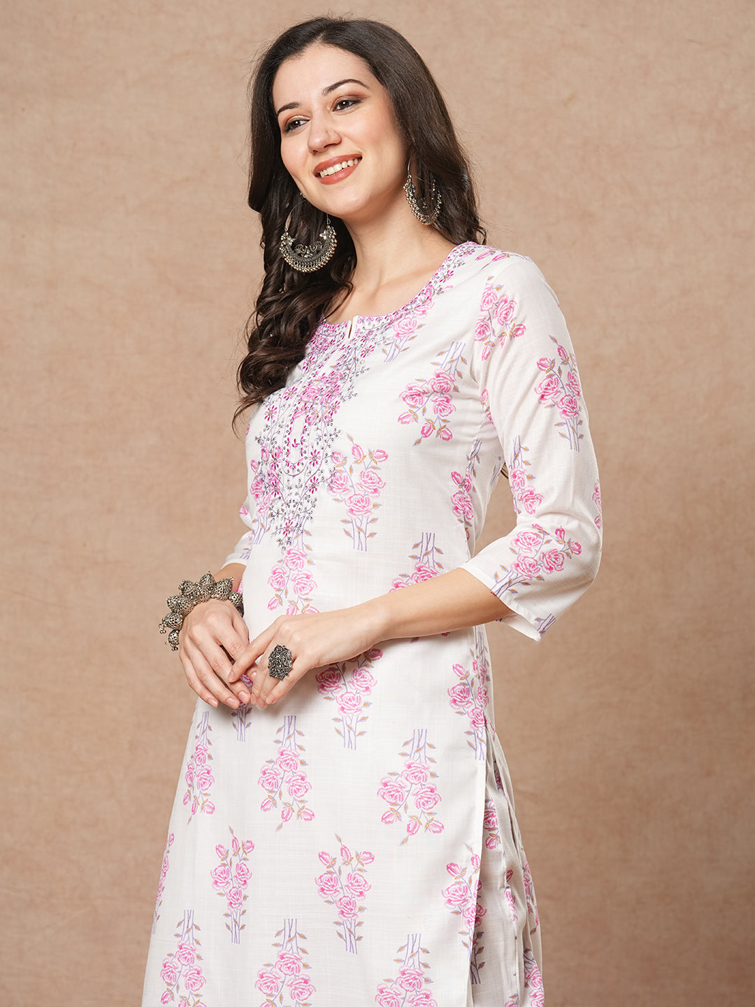 Floral Printed & Embroidered Straight Fit Kurta with Pant - White