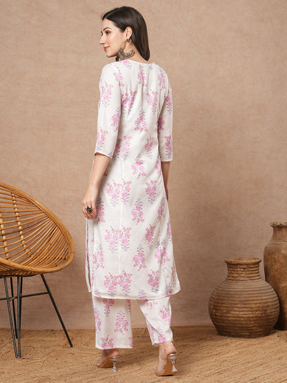 Floral Printed & Embroidered Straight Fit Kurta with Pant - White