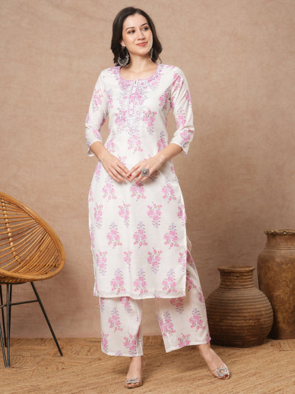 Floral Printed & Embroidered Straight Fit Kurta with Pant - White