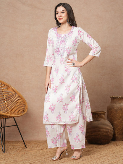 Floral Printed & Embroidered Straight Fit Kurta with Pant - White