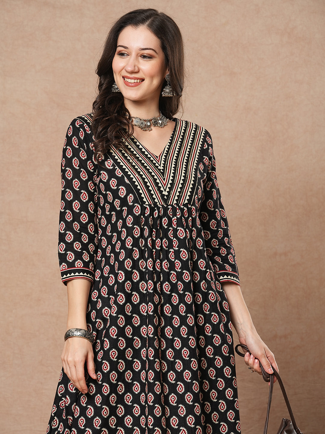 Ethnic & Stripes Printed A-Line Pleated Kurta with Pant - Black