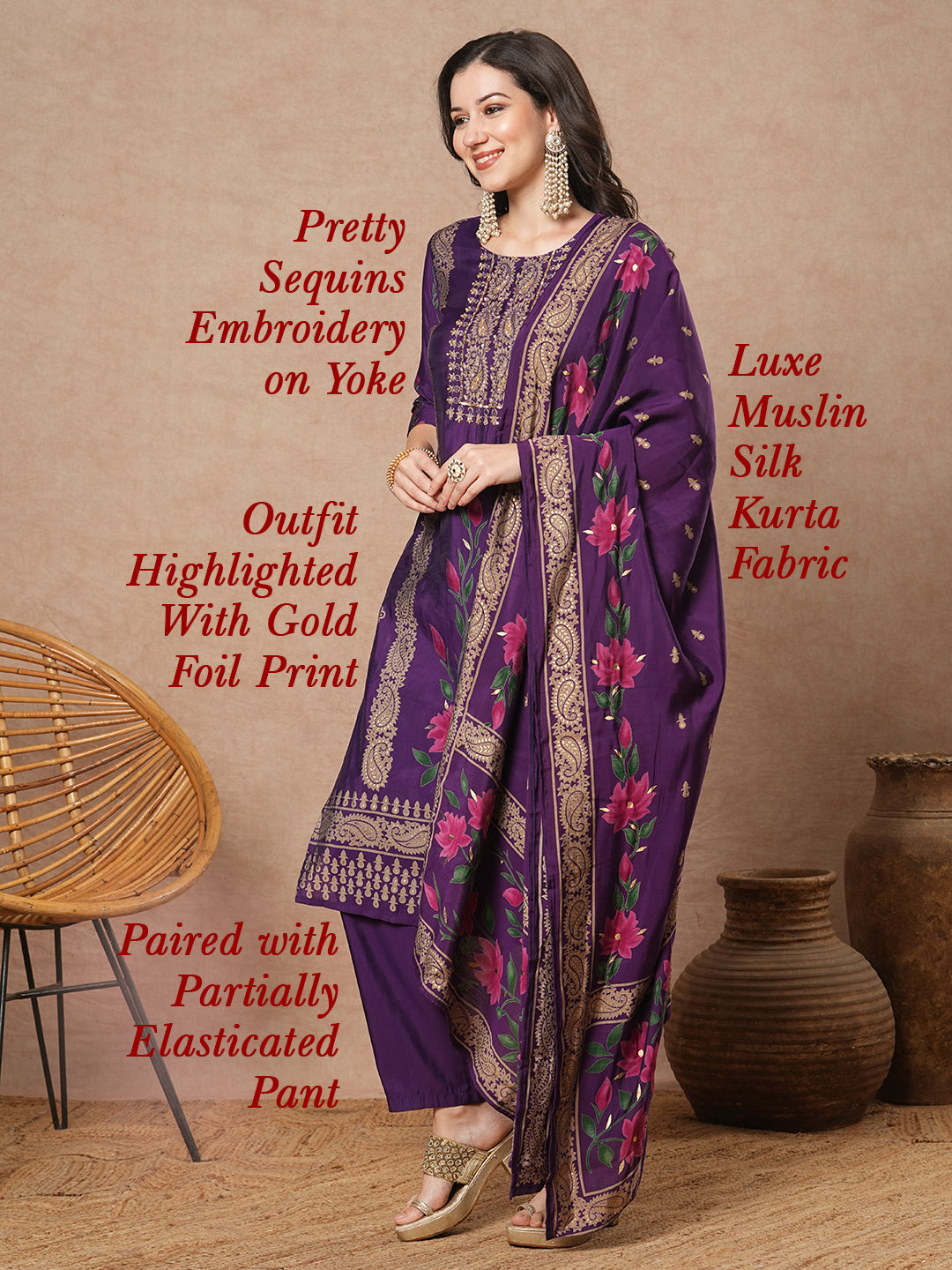 Ethnic Floral Printed Embroidered Straight Fit Kurta with Pant and Dupatta - Purple