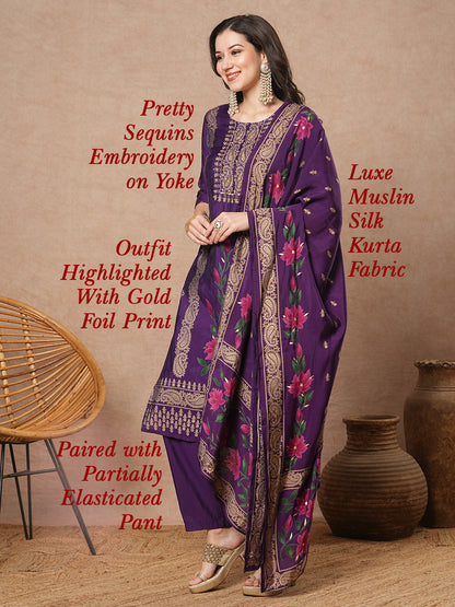 Ethnic Floral Printed Embroidered Straight Fit Kurta with Pant and Dupatta - Purple