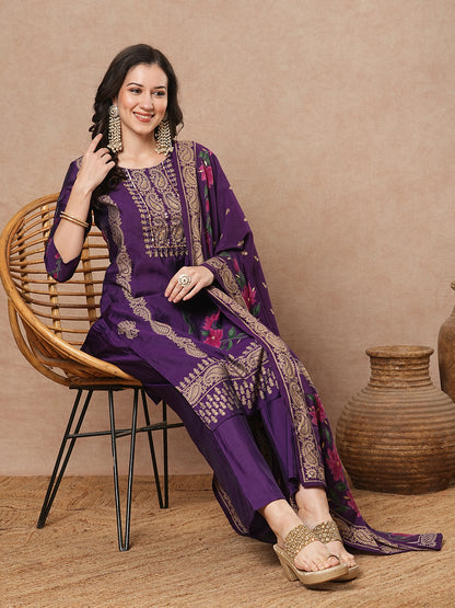 Ethnic Floral Printed Embroidered Straight Fit Kurta with Pant and Dupatta - Purple