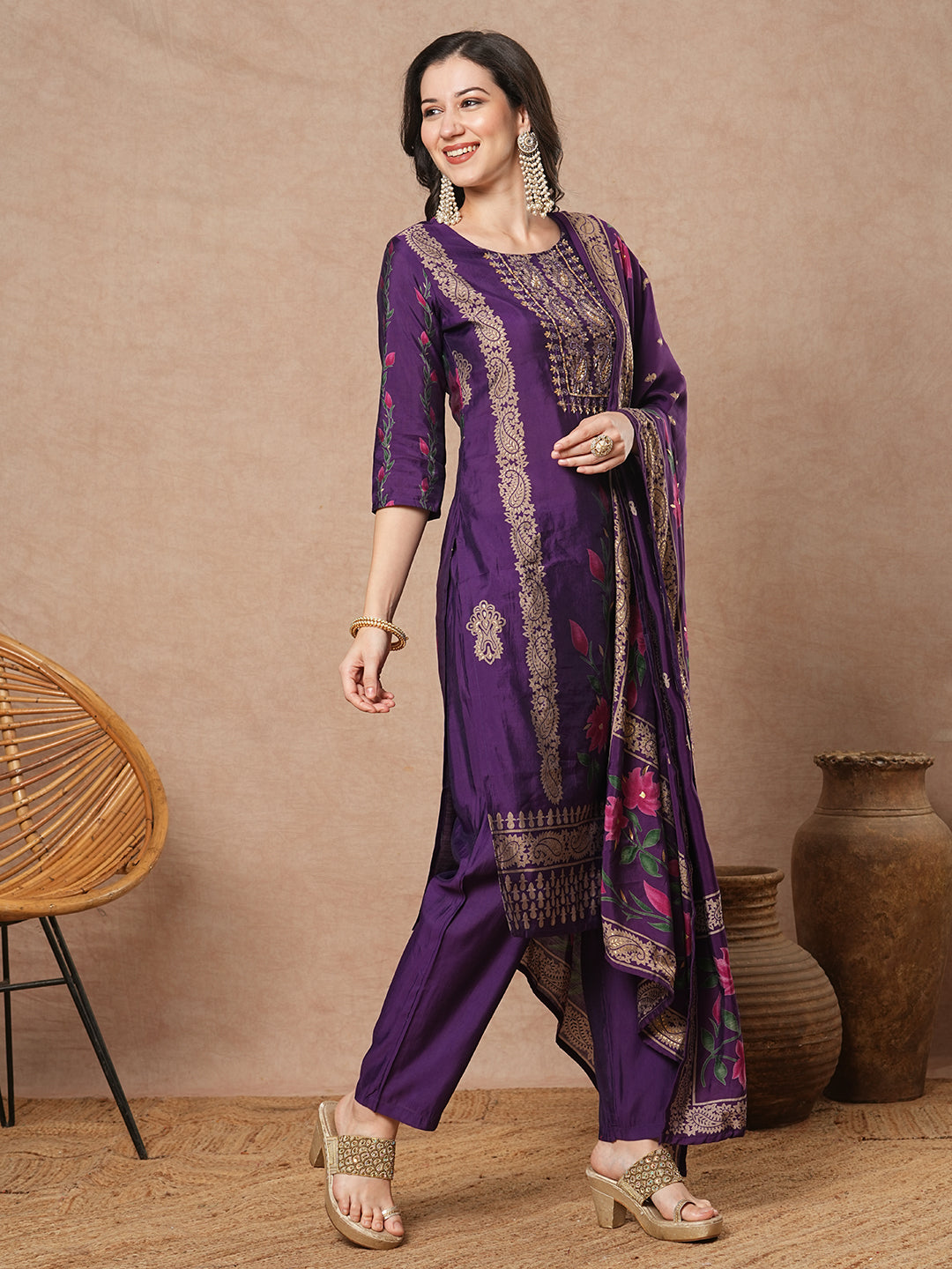 Ethnic Floral Printed Embroidered Straight Fit Kurta with Pant and Dupatta - Purple