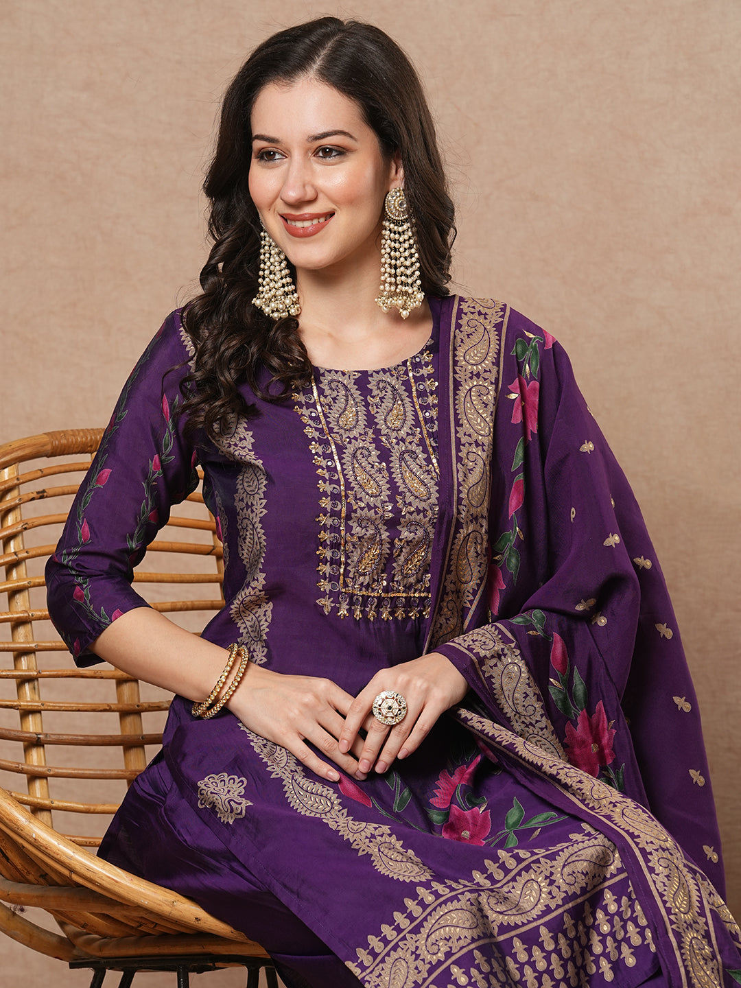 Ethnic Floral Printed Embroidered Straight Fit Kurta with Pant and Dupatta - Purple