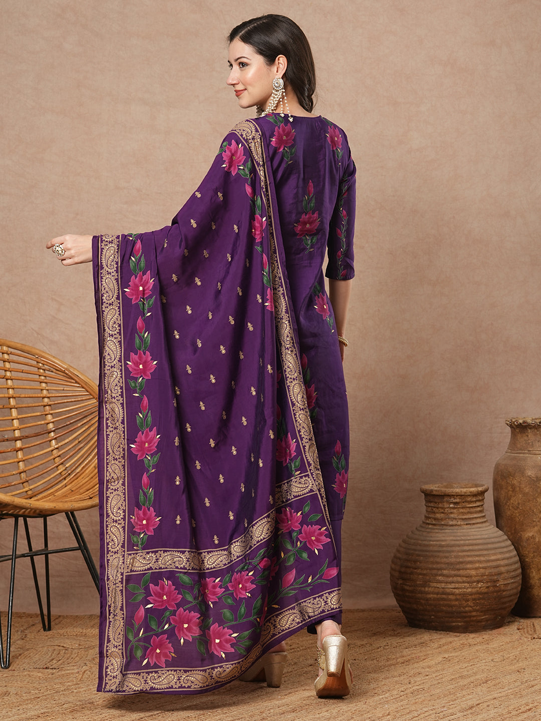 Ethnic Floral Printed Embroidered Straight Fit Kurta with Pant and Dupatta - Purple