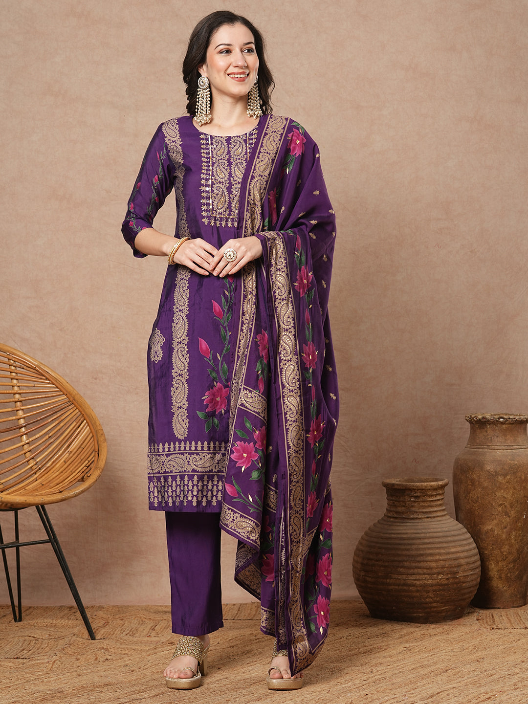 Ethnic Floral Printed Embroidered Straight Fit Kurta with Pant and Dupatta - Purple