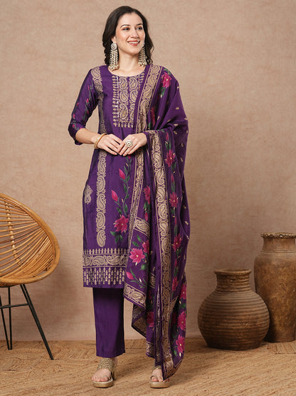 Ethnic Floral Printed Embroidered Straight Fit Kurta with Pant and Dupatta - Purple