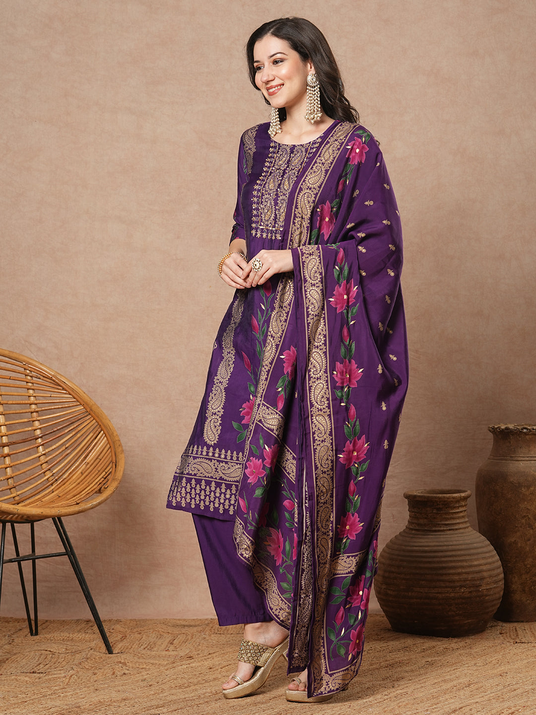 Ethnic Floral Printed Embroidered Straight Fit Kurta with Pant and Dupatta - Purple