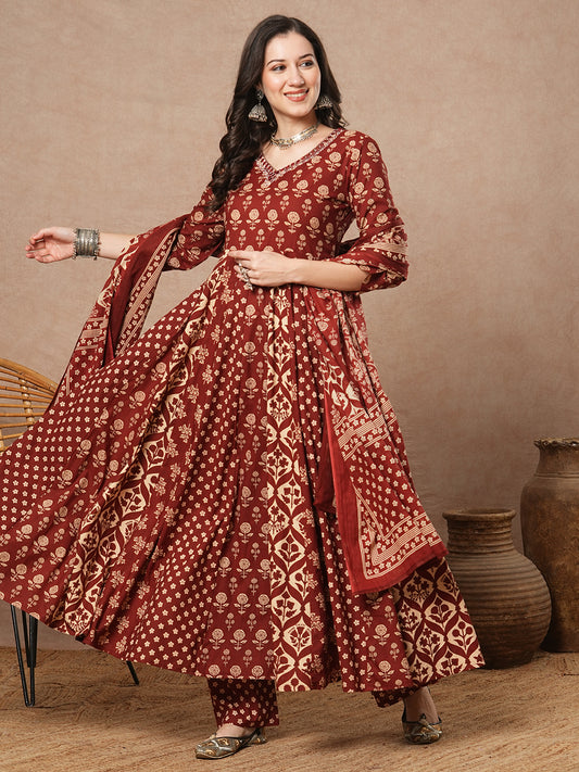 Ethnic Floral Printed & Embroidered Anarkali Kurta with Pant & Dupatta - Brown