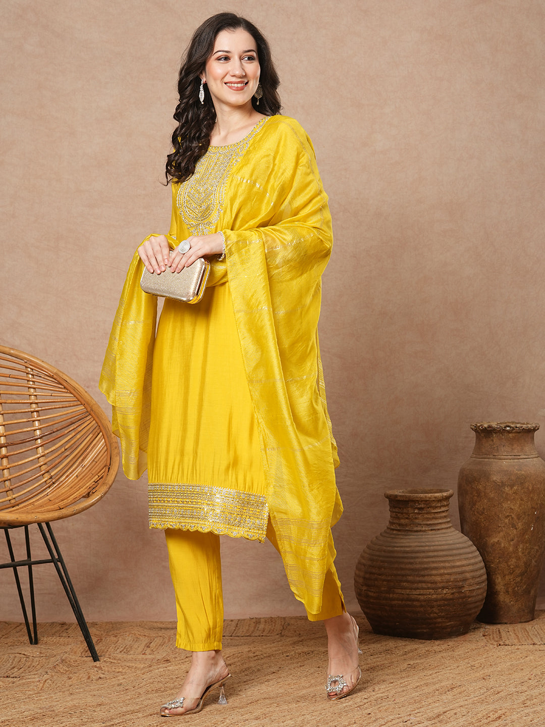 Solid Floral Embroidered Straight Fit Kurta with Pant & Dupatta - Yellow