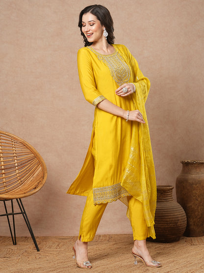 Solid Floral Embroidered Straight Fit Kurta with Pant & Dupatta - Yellow