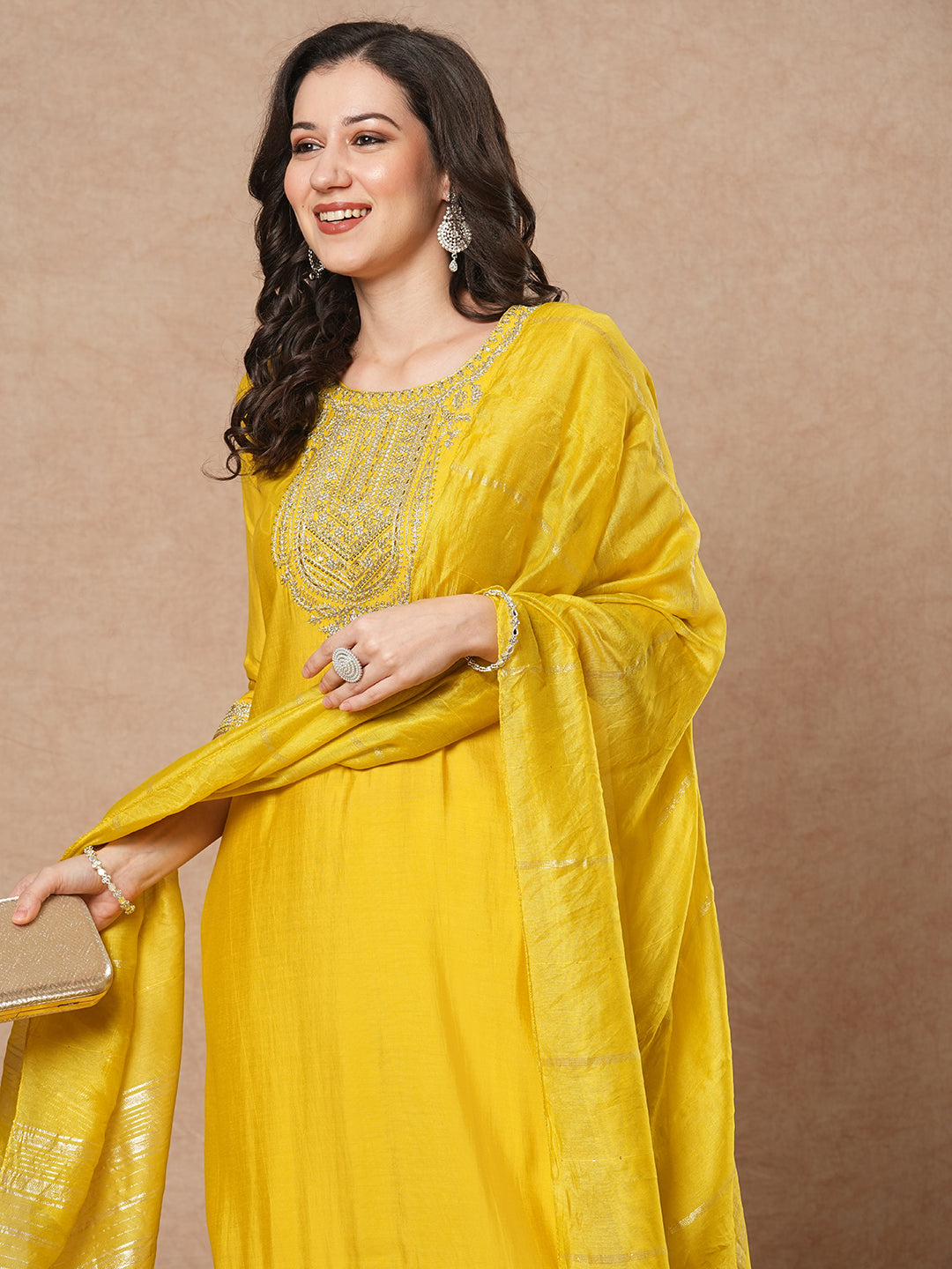 Solid Floral Embroidered Straight Fit Kurta with Pant & Dupatta - Yellow