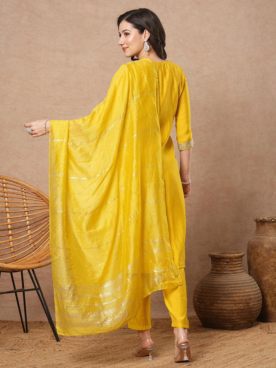 Solid Floral Embroidered Straight Fit Kurta with Pant & Dupatta - Yellow