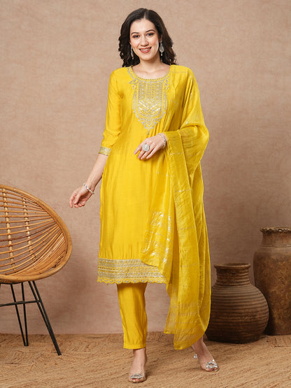 Solid Floral Embroidered Straight Fit Kurta with Pant & Dupatta - Yellow