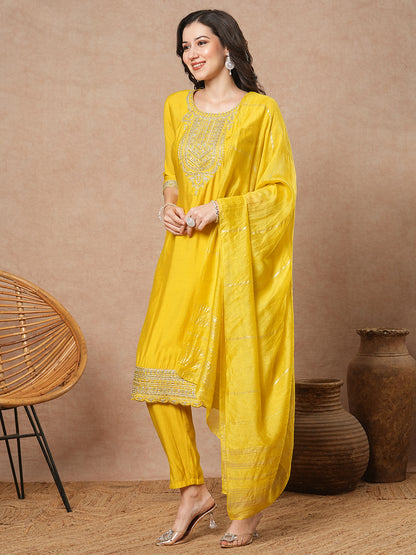 Solid Floral Embroidered Straight Fit Kurta with Pant & Dupatta - Yellow