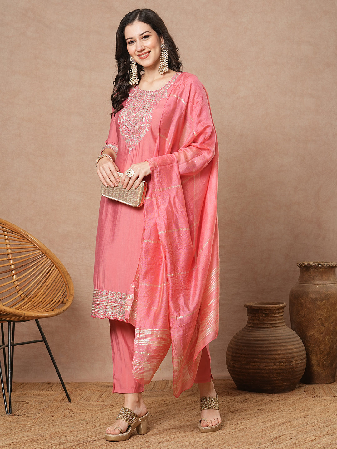 Solid Floral Embroidered Straight Fit Kurta with Pant & Dupatta - Pink