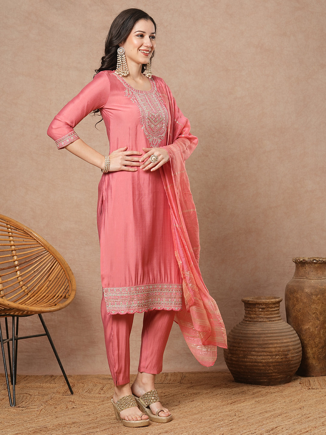 Solid Floral Embroidered Straight Fit Kurta with Pant & Dupatta - Pink