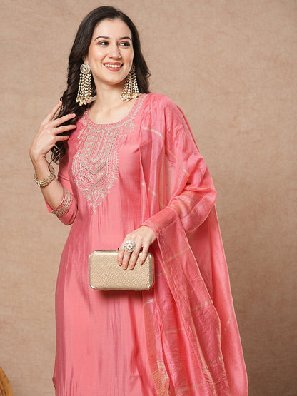 Solid Floral Embroidered Straight Fit Kurta with Pant & Dupatta - Pink