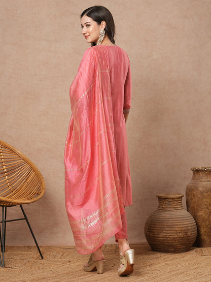 Solid Floral Embroidered Straight Fit Kurta with Pant & Dupatta - Pink