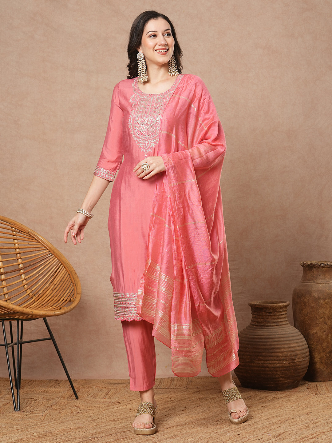 Solid Floral Embroidered Straight Fit Kurta with Pant & Dupatta - Pink