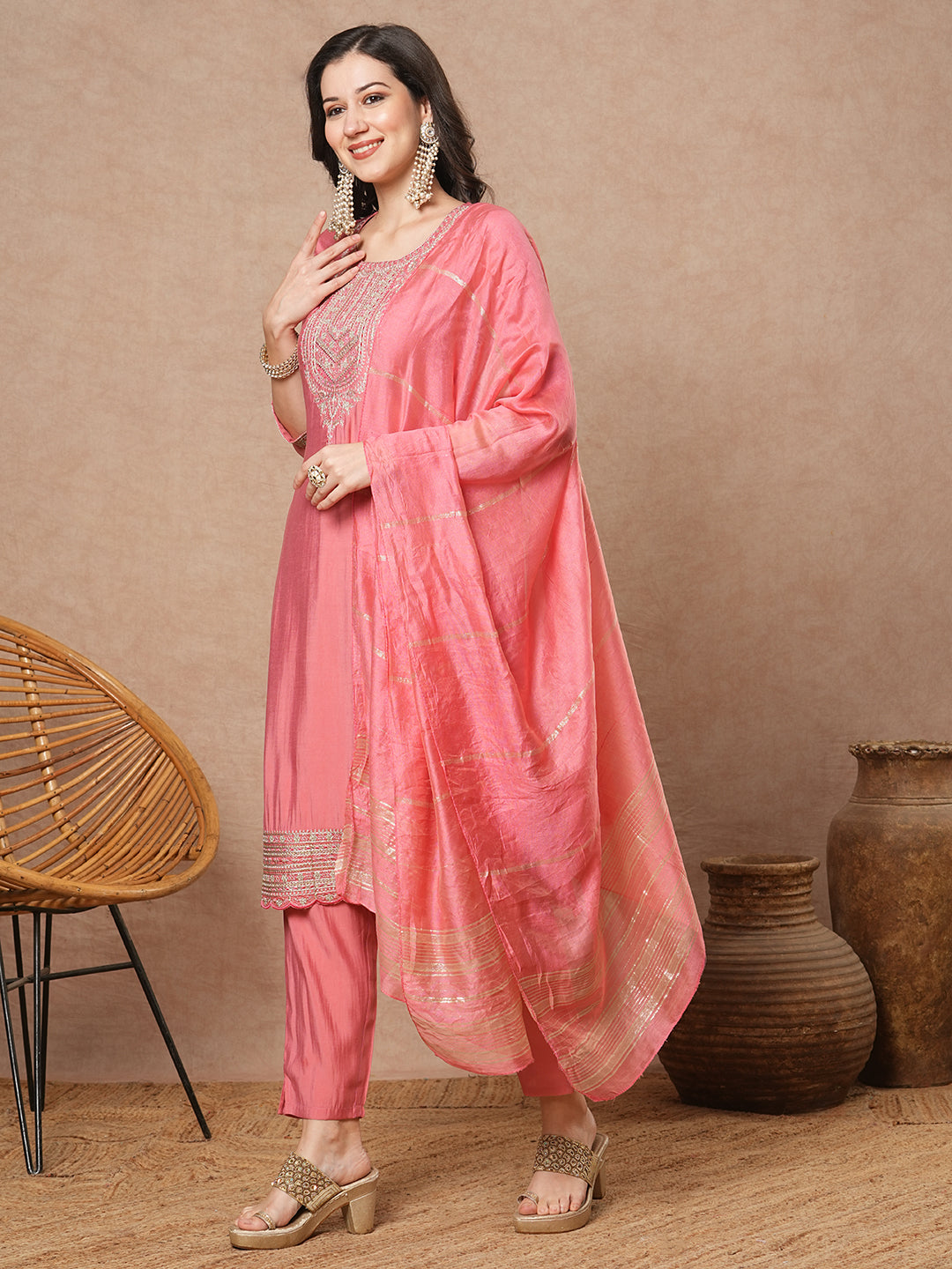 Solid Floral Embroidered Straight Fit Kurta with Pant & Dupatta - Pink