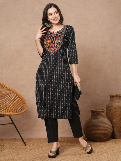 Ethnic Printed & Embroidered Straight Fit Kurta with Pant - Black