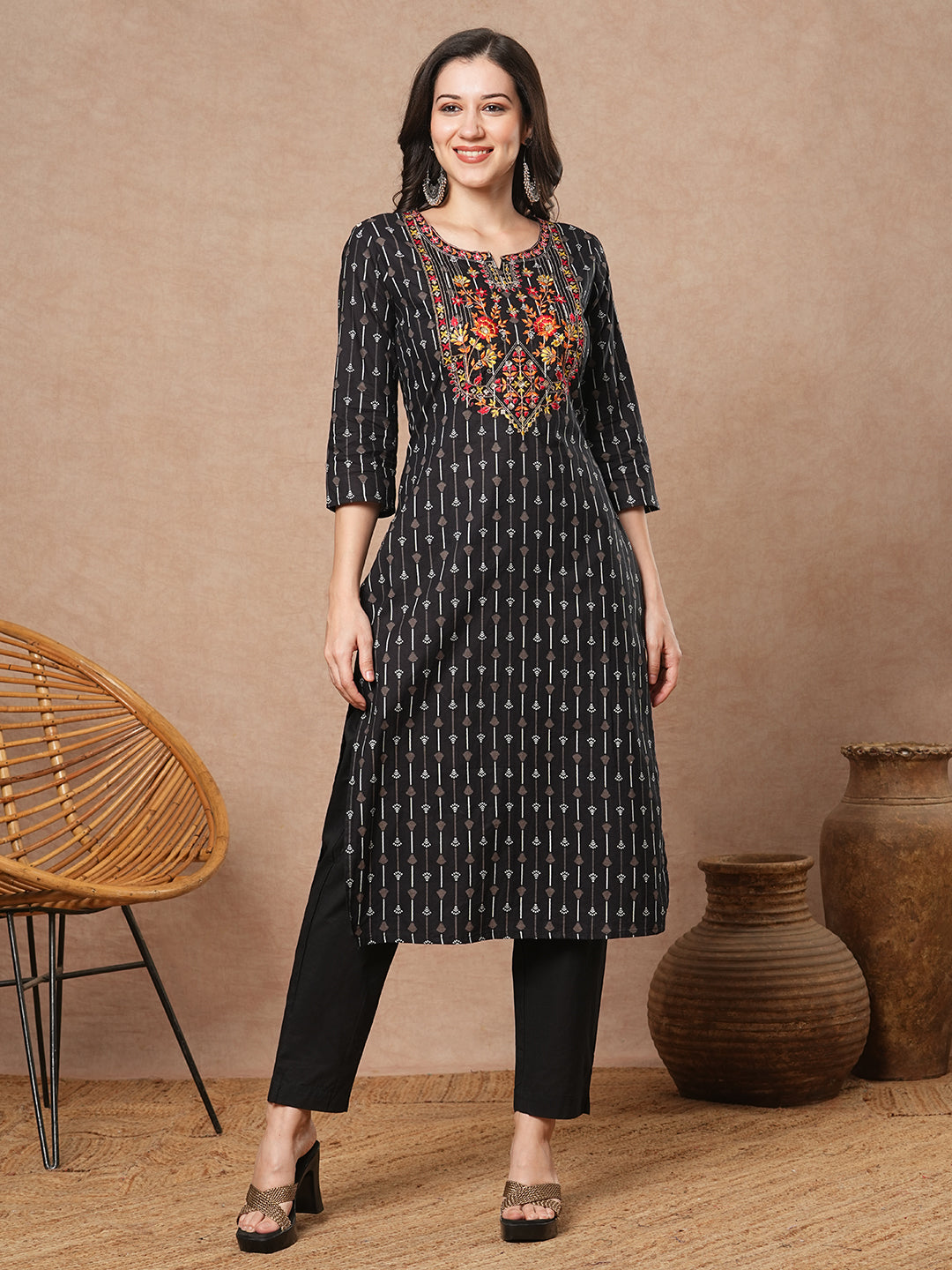 Ethnic Printed & Embroidered Straight Fit Kurta with Pant - Black