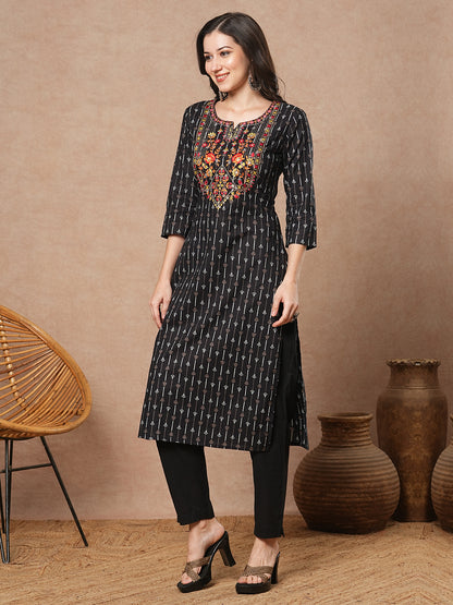 Ethnic Printed & Embroidered Straight Fit Kurta with Pant - Black