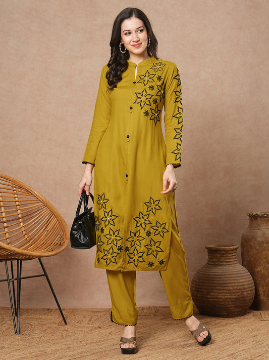 Solid Floral Embroidered Straight Fit Kurta with Pant - Mustard