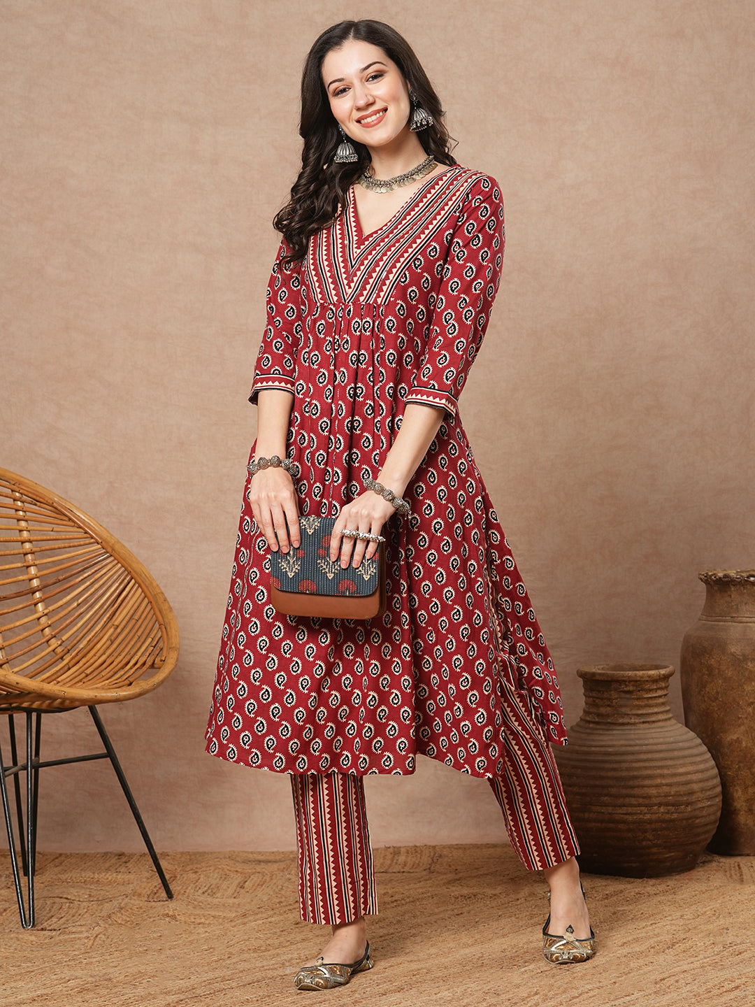 Ethnic & Stripes Printed A-Line Pleated Kurta with Pant - Maroon