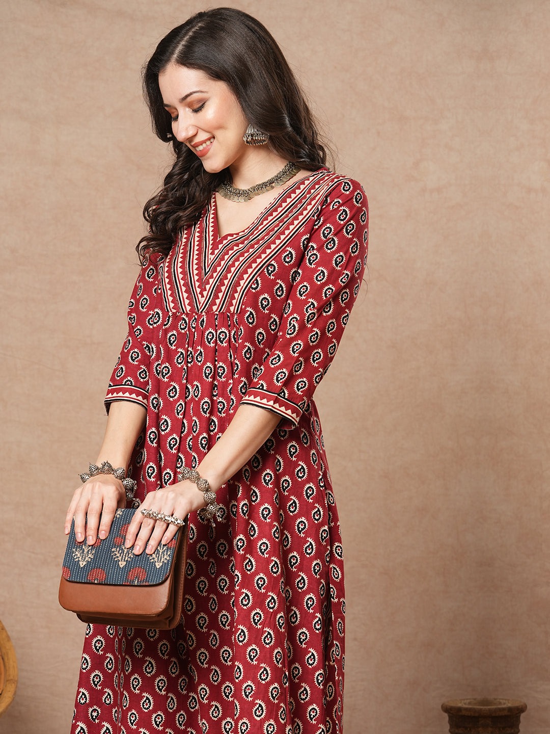 Ethnic & Stripes Printed A-Line Pleated Kurta with Pant - Maroon