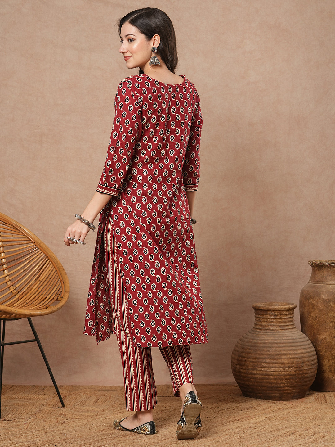 Ethnic & Stripes Printed A-Line Pleated Kurta with Pant - Maroon