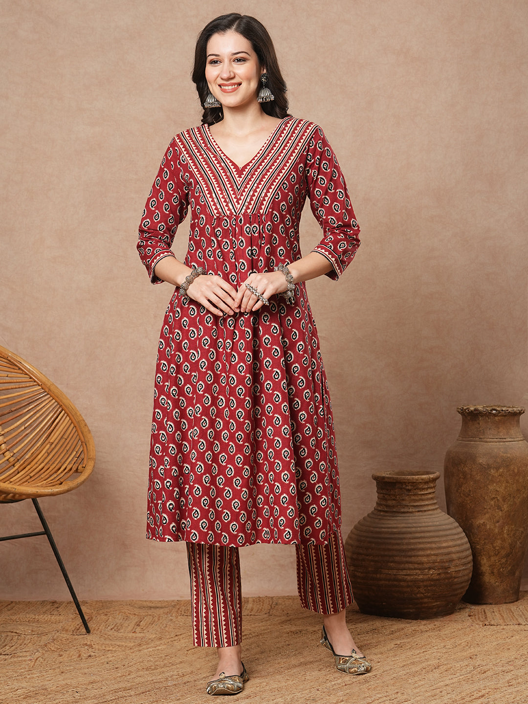 Ethnic & Stripes Printed A-Line Pleated Kurta with Pant - Maroon