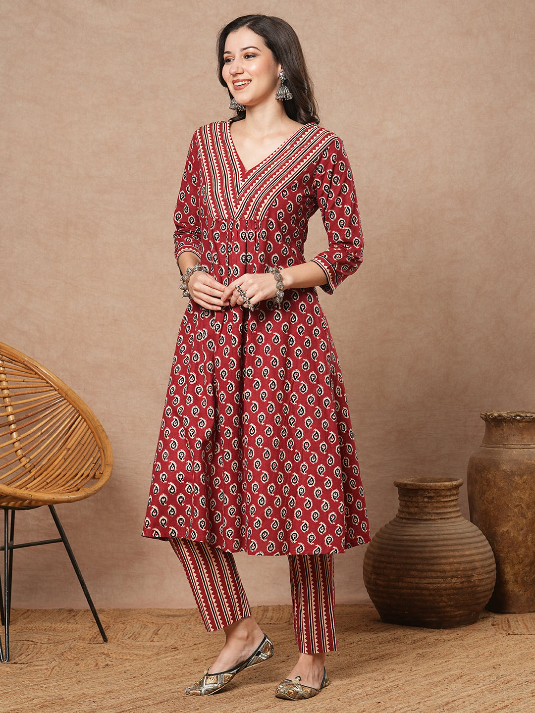 Ethnic & Stripes Printed A-Line Pleated Kurta with Pant - Maroon