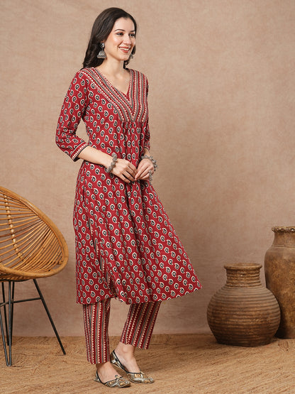 Ethnic & Stripes Printed A-Line Pleated Kurta with Pant - Maroon