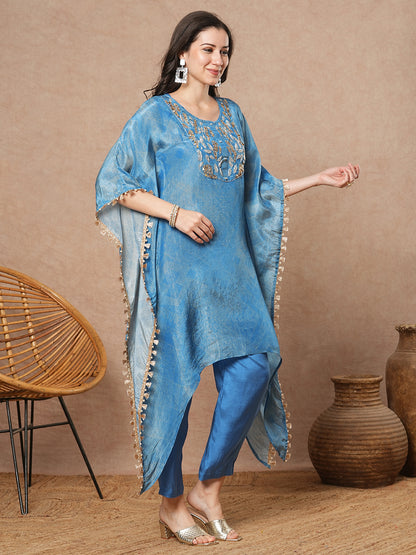 Ethnic Printed & Embroidered Tissue Kaftan Kurta with Pant - Blue