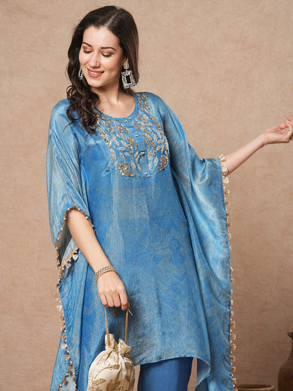 Ethnic Printed & Embroidered Tissue Kaftan Kurta with Pant - Blue