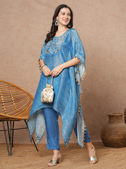 Ethnic Printed & Embroidered Tissue Kaftan Kurta with Pant - Blue