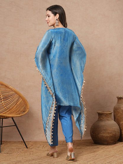 Ethnic Printed & Embroidered Tissue Kaftan Kurta with Pant - Blue