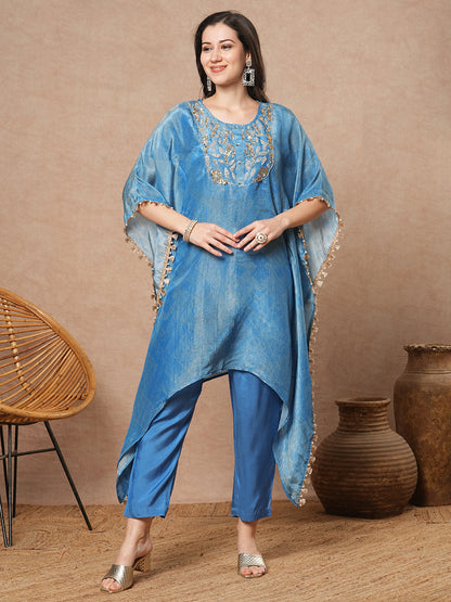 Ethnic Printed & Embroidered Tissue Kaftan Kurta with Pant - Blue