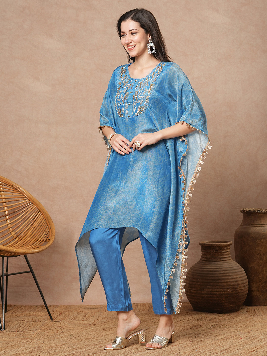 Ethnic Printed & Embroidered Tissue Kaftan Kurta with Pant - Blue