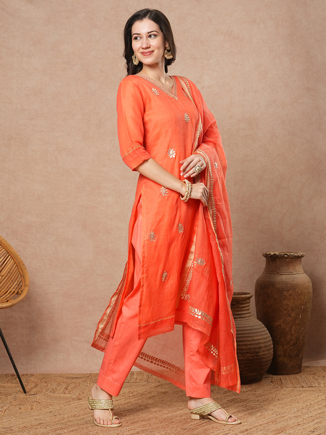 Solid Gota Patti Embroidered Straight Fit Kurta with Pant & Dupatta - Peach