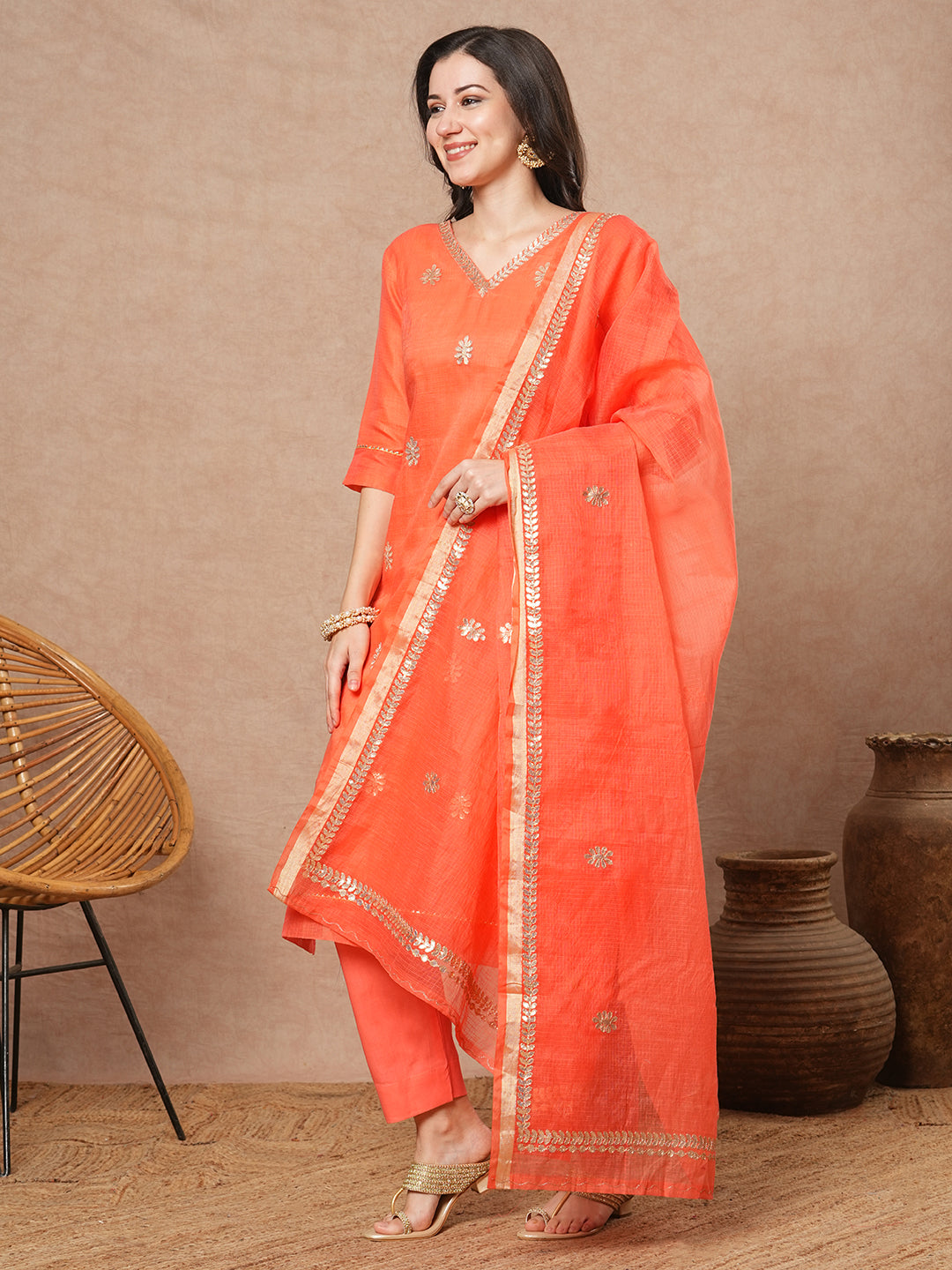 Solid Gota Patti Embroidered Straight Fit Kurta with Pant & Dupatta - Peach