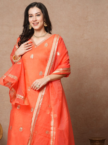 Solid Gota Patti Embroidered Straight Fit Kurta with Pant & Dupatta - Peach