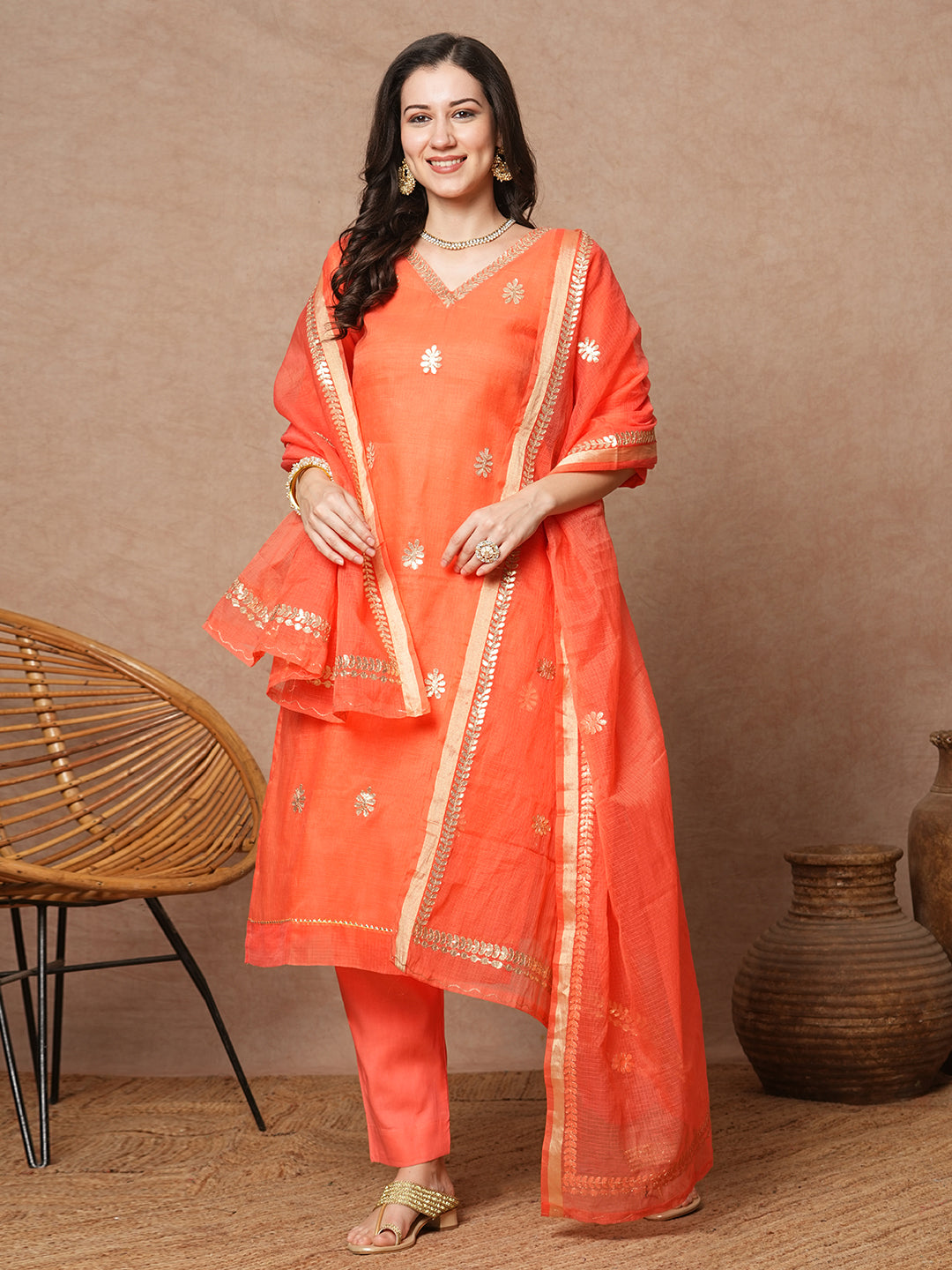 Solid Gota Patti Embroidered Straight Fit Kurta with Pant & Dupatta - Peach